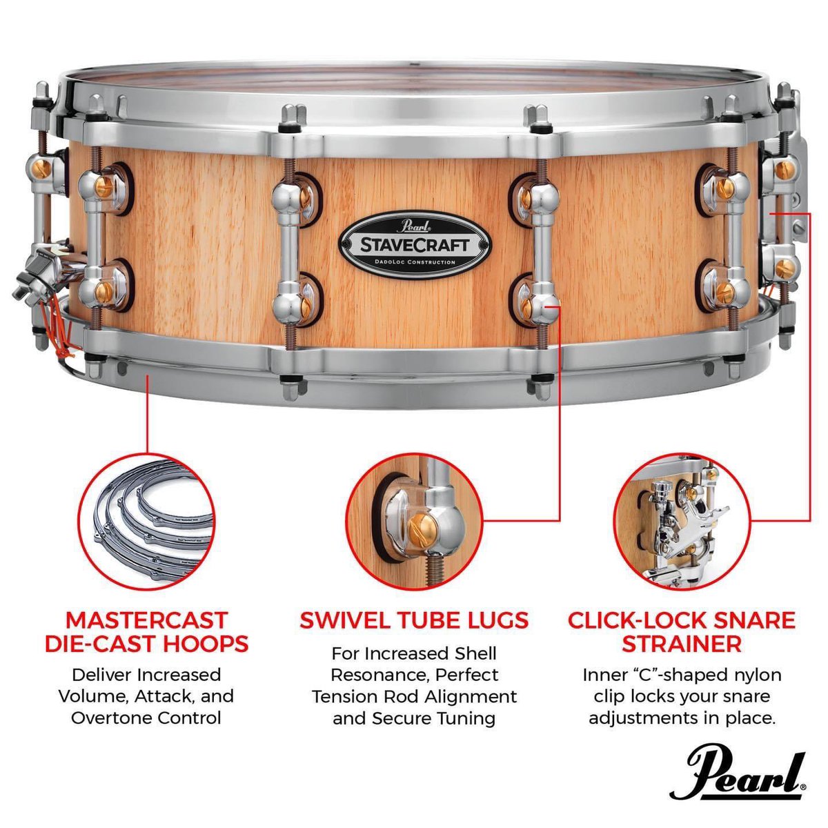 Pearl StaveCraft Snare Drums boast a mammoth 25mm thick shell made entirely of meticulously beveled solid exotic wood staves. 

Pearl StaveCraft Snare Drums boasts a mammoth 25mm thick shell made entirely of meticulously beveled solid exotic wood staves. channel, increasing total