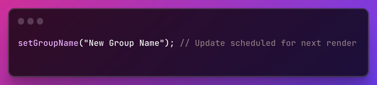 TandanBhaumik's tweet image. 🔄 [4/12] State Variable &apos;groupName&apos;:

Managed by useState, updates to &apos;groupName&apos; are tied to the component&apos;s render cycles.

#ReactState #Asynchronous