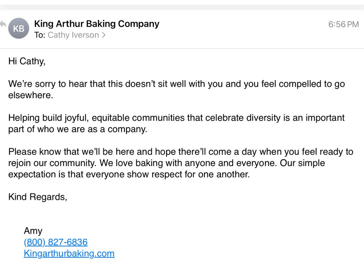 #KingArthurFlour  Here is the nonsense response they posted to people complaining, telling us what we all know: 'diversity' simply means 'NO Whites!'. 
BTW: they've deleted their Twitter profile.
#BakingPitchfest