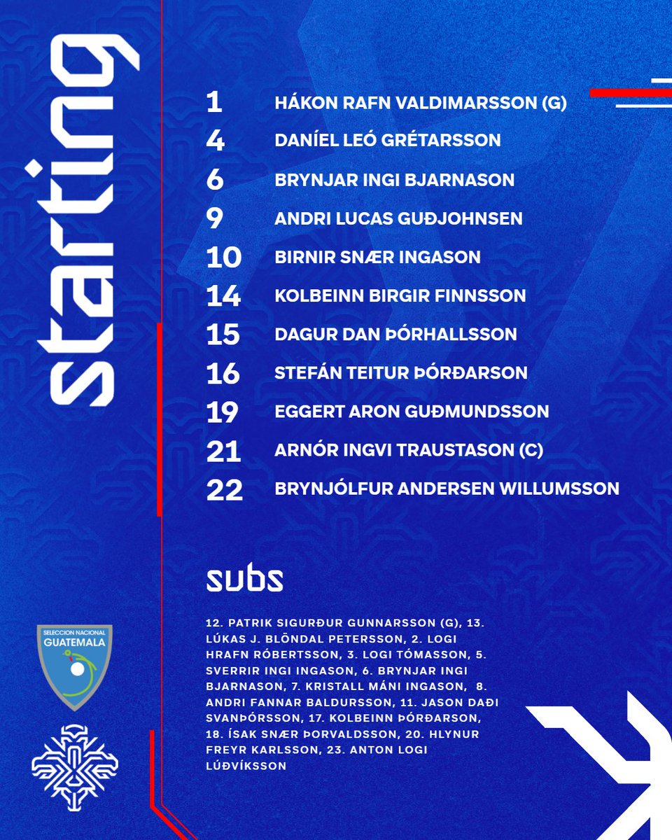 👀  Byrjunarlið Íslands sem mætir Gvatemala á miðnætti á DRV Pink Stadium í Miami.

📺  Leikurinn er í beinni útsendingu á Stöð 2 Sport.

  Our starting lineup for the match against Guatemala.

#fyririsland