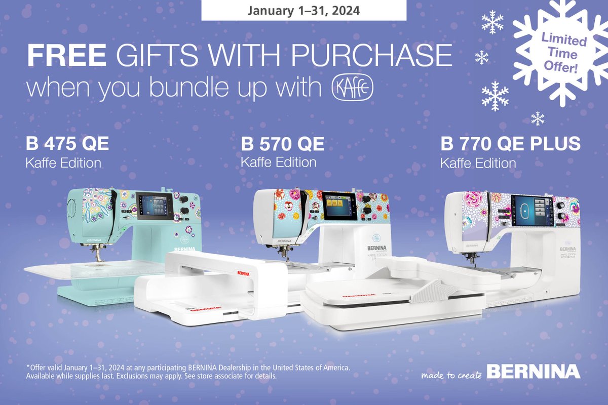 Awesome deals on these Kaffe Edition machines from Bernina! All these machines come with free gifts with purchase.
Check them out at AllBrands.com!

B475QE Kaffe: allbrands.com/products/107961
B570QE Kaffe: allbrands.com/products/111795
B770QE Plus Kaffe: allbrands.com/products/107957