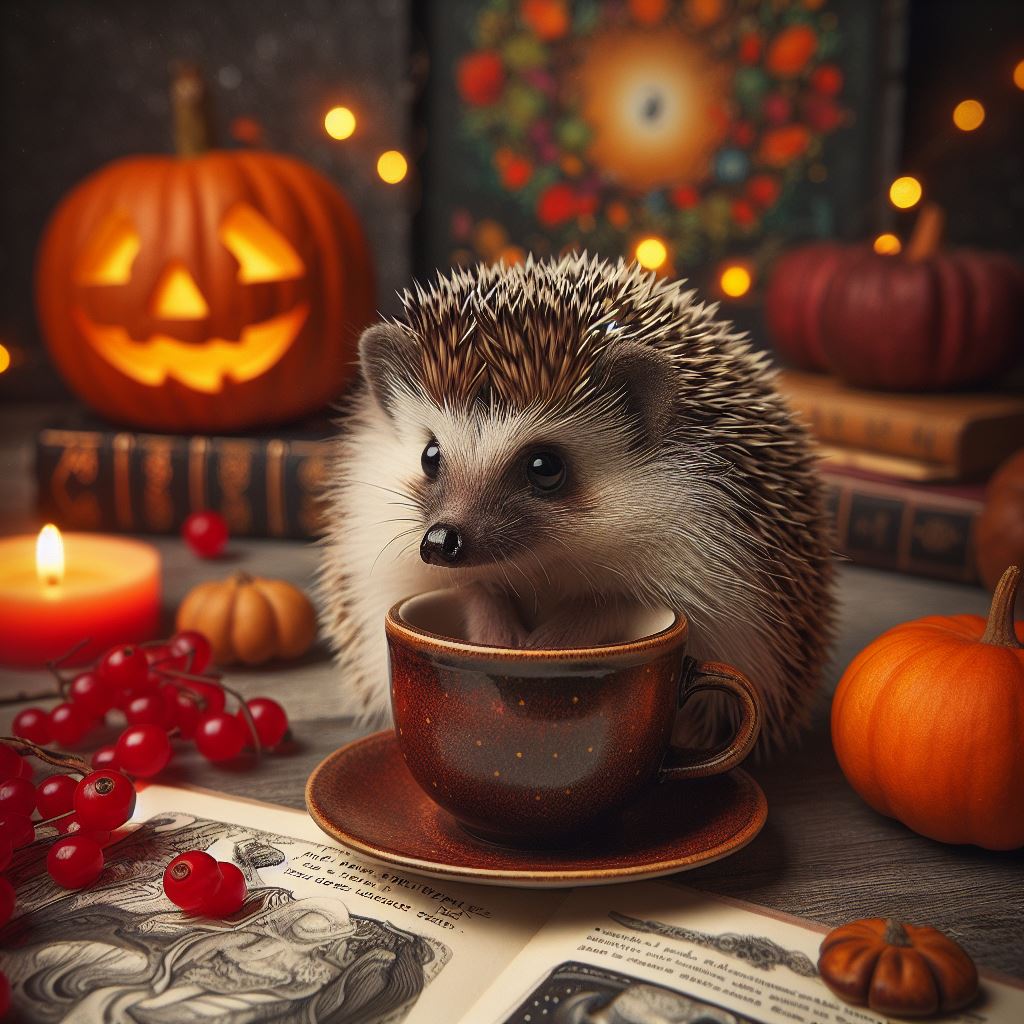 “When you’re all set for Halloween but remember it’s only January… #TooReady #HedgehogInACup 🎃☕️🦔” #hedgehog