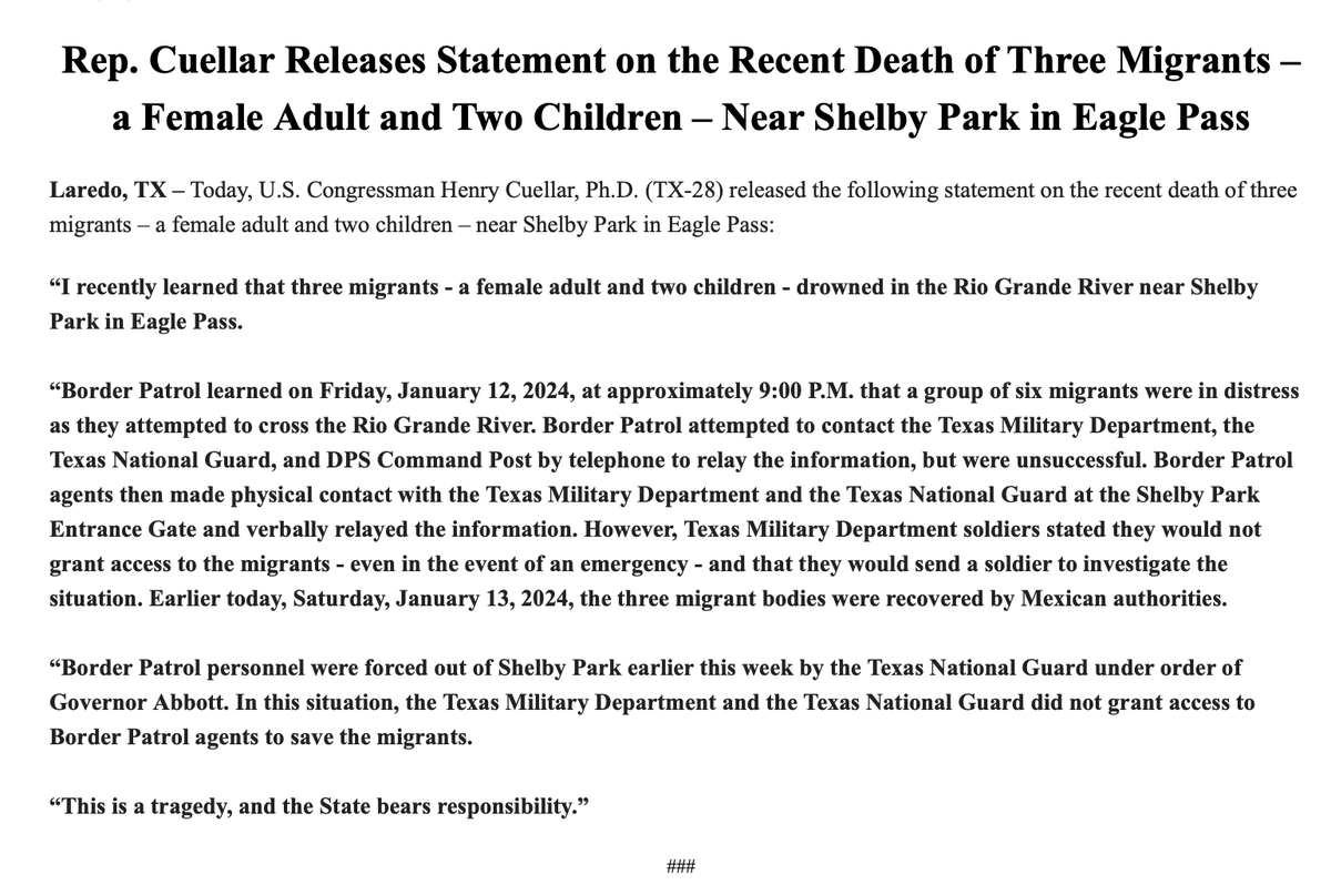 #BreakingNews 3 migrants, a woman and two children, drowned Friday night while attempting to cross the border into Eagle Pass, TX @RepCuellar says Abbott decision to lock out Border Patrol from river led to the deaths because state personnel refused to allow BP in to rescue