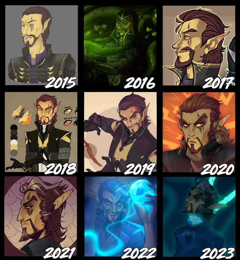 Ancallis's tweet photo. ✨Artists,  
Show your art progress using only works featuring the same character!

So here's Ancalis, from day 1 in 2015 up until 2023 - so here's to drawing him more this year 🤤 https://t.co/by7lHMrhqU