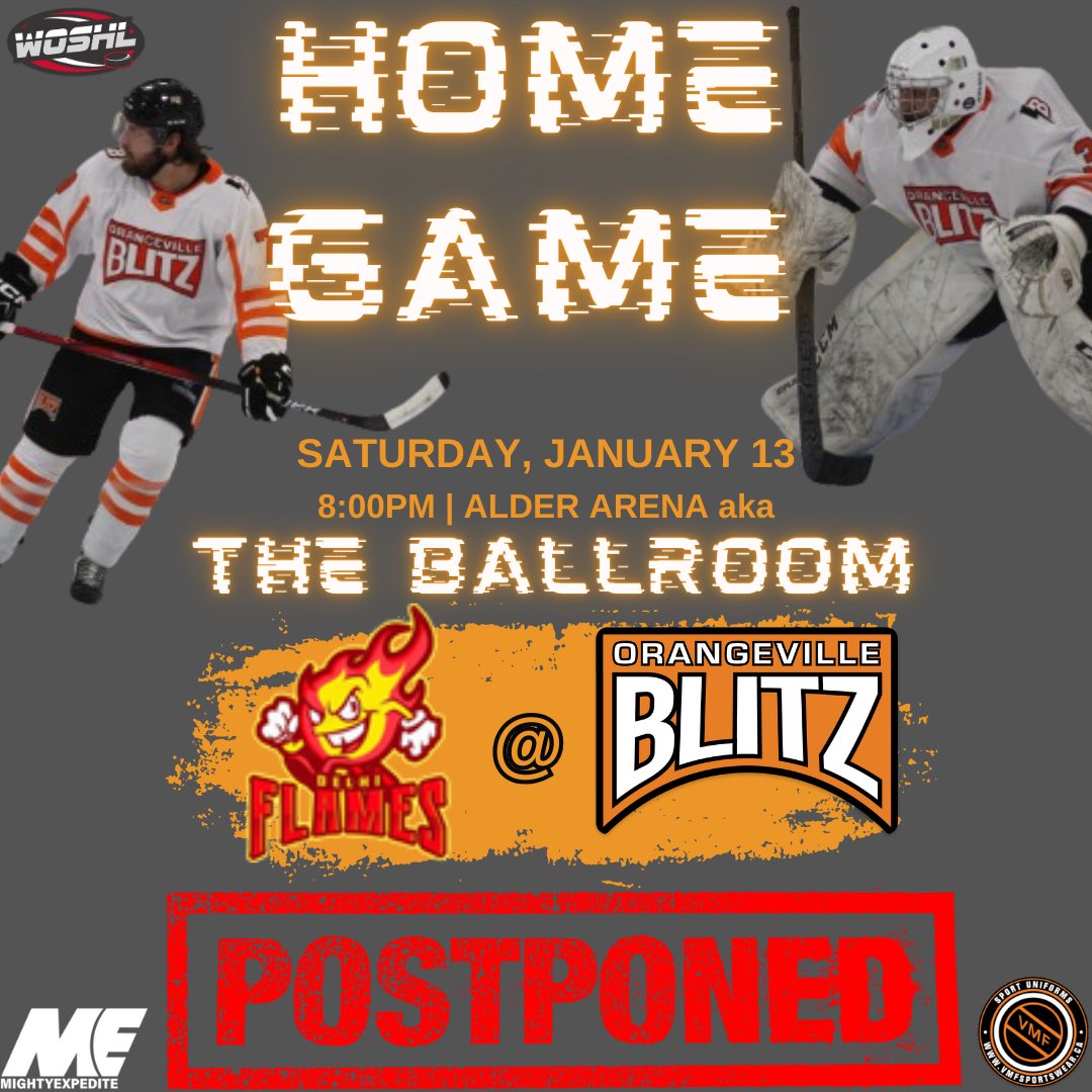 Tonight’s game has been postponed due to inclement weather conditions.
Rescheduled date to be announced.

#BlitzHockey #WOSHL