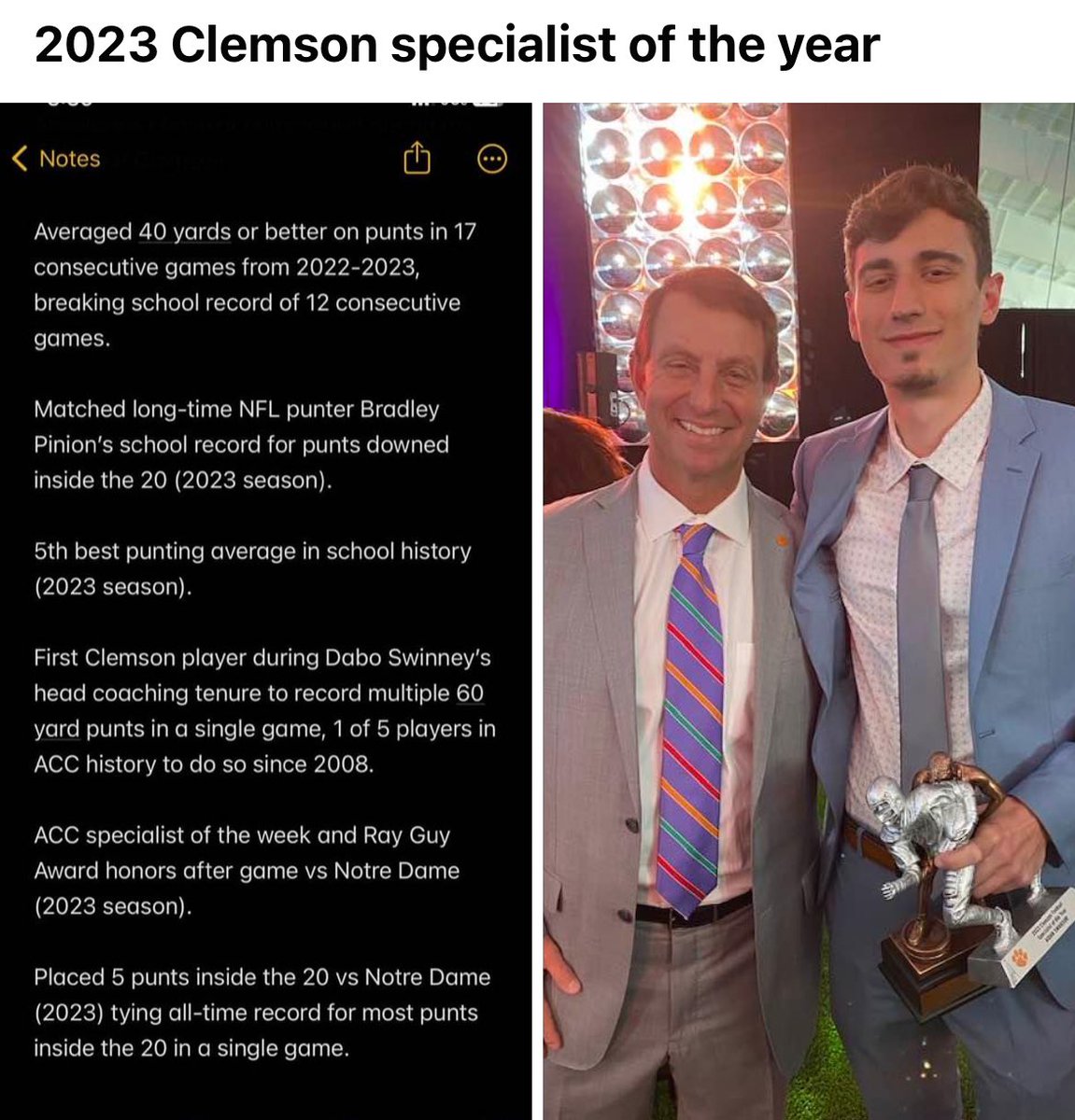 <a href="/a_swanson39/">Aidan Swanson</a> started training with me when he was in 1st grade!  Now he is the Specialist of the Year for Clemson! 

He will graduate from Clemson with a Master Degree before becoming an NFL punter. 
Can you tell how proud I am? 
<a href="/FeelyAthletics/">Tom Feely</a> #NFL #Browns #ChiefsKingdom