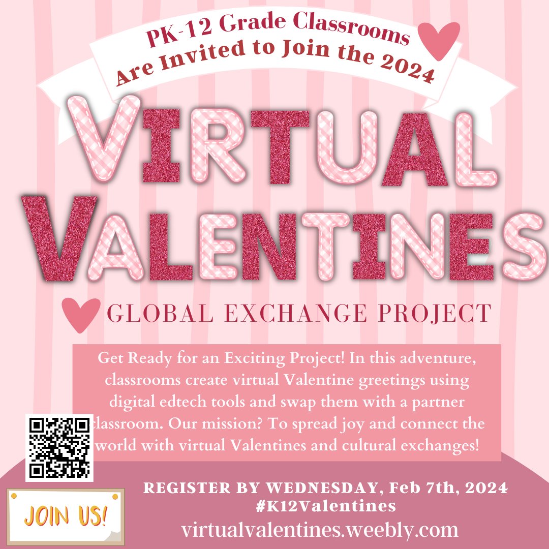 🎉 Connect classrooms globally! Exchange digital love notes & culture in our 10th year of #K12Valentines. Register by Feb 7! ➡️virtualvalentines.weebly.com