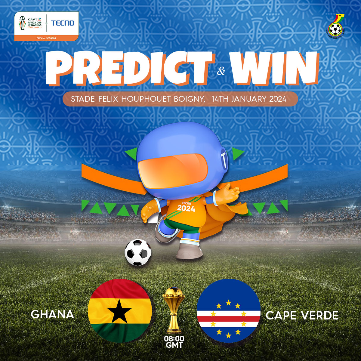 Predict and WIN⚽️🎉 Be among 10 lucky winners in the #GHAvsCPV AFCON tournament to stand the chance of winning amazing gifts. Follow these guidelines 1. Follow @TECNOMobileGhana 2. Like, share and Predict the score line with Hashtag #SPARK20AFCONKickOff #TECNOxCAF #TECNOAfcon2023