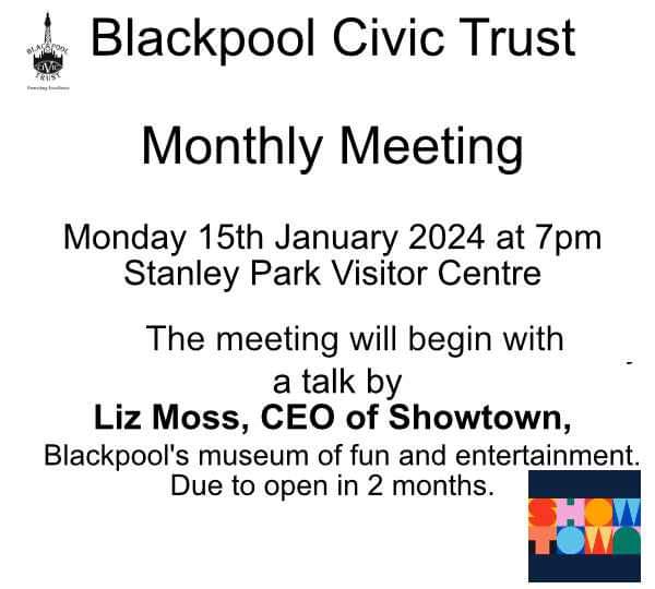 Liz Moss the CEO of Showtown Blackpool will be the guest speaker at our monthly meeting on Monday 15th January 2024 at Stanley Park Visitor Centre at 7pm.  Non-members welcome for a donation of £2. <a href="/ShowtownBPL/">Showtown</a>  #Blackpool