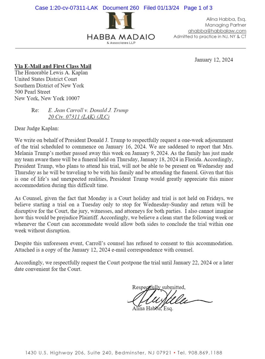 lawofruby's tweet photo. There’s really nothing like telling a federal judge that you have to travel for your mother-in-law’s funeral and therefore need a postponement, only to announce a campaign event in New Hampshire less than 24 hours later. https://t.co/Bs07tkvymN