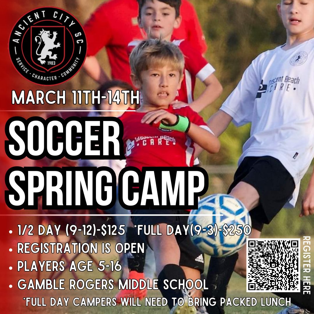 Spring Summer Camp Registration is now open! It will be held March 11th-14th at Gamble Rogers Middle School! Half days and full days available, don't miss the fun!
Email Coach Andy Carey with questions- schools@ancientcitysoccer.com 
Register here ancientcitysoccer.com