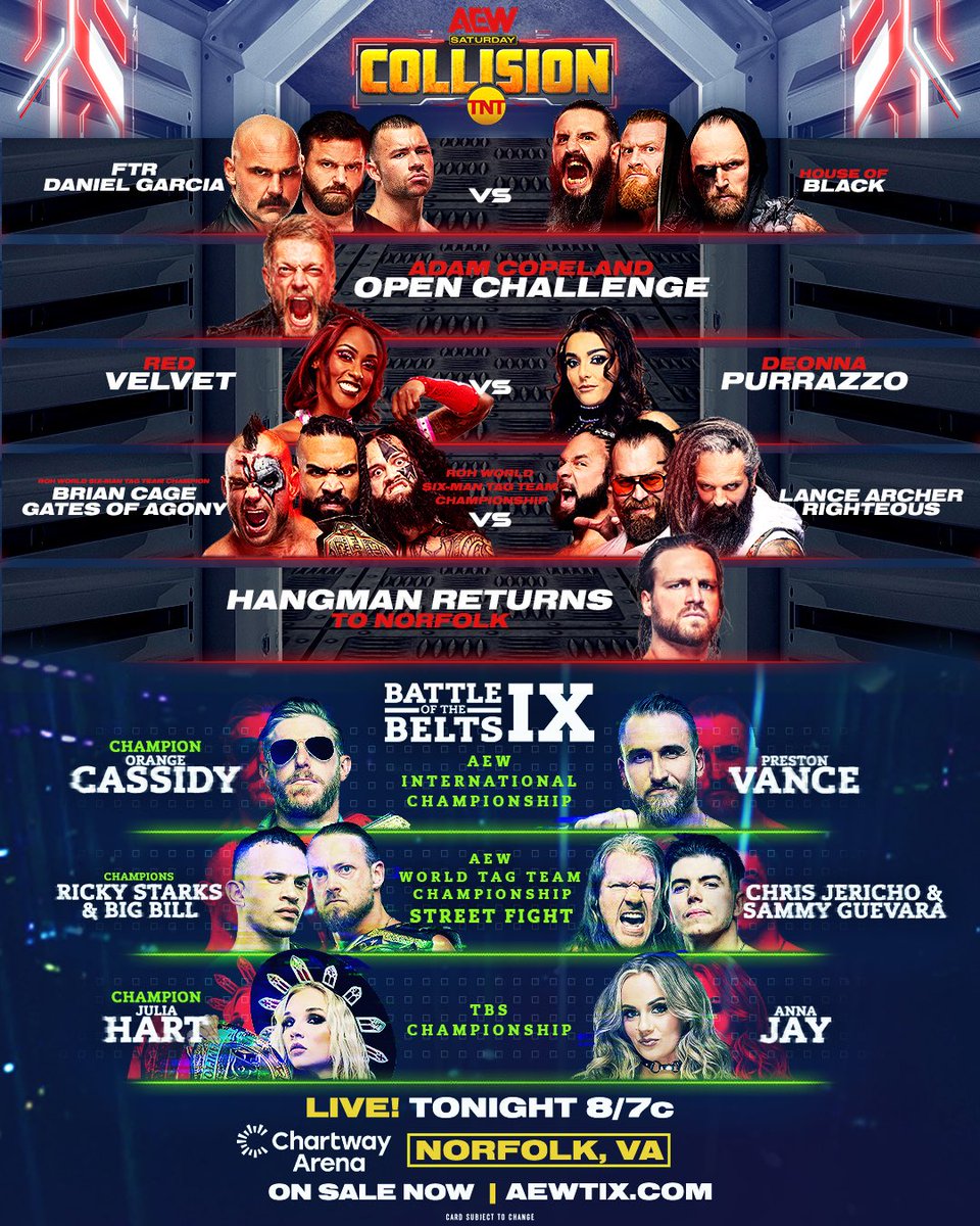 3 saucey hours of @aew tonight! #AEWCollision #battleofthebelts starts tonight at 8pm!