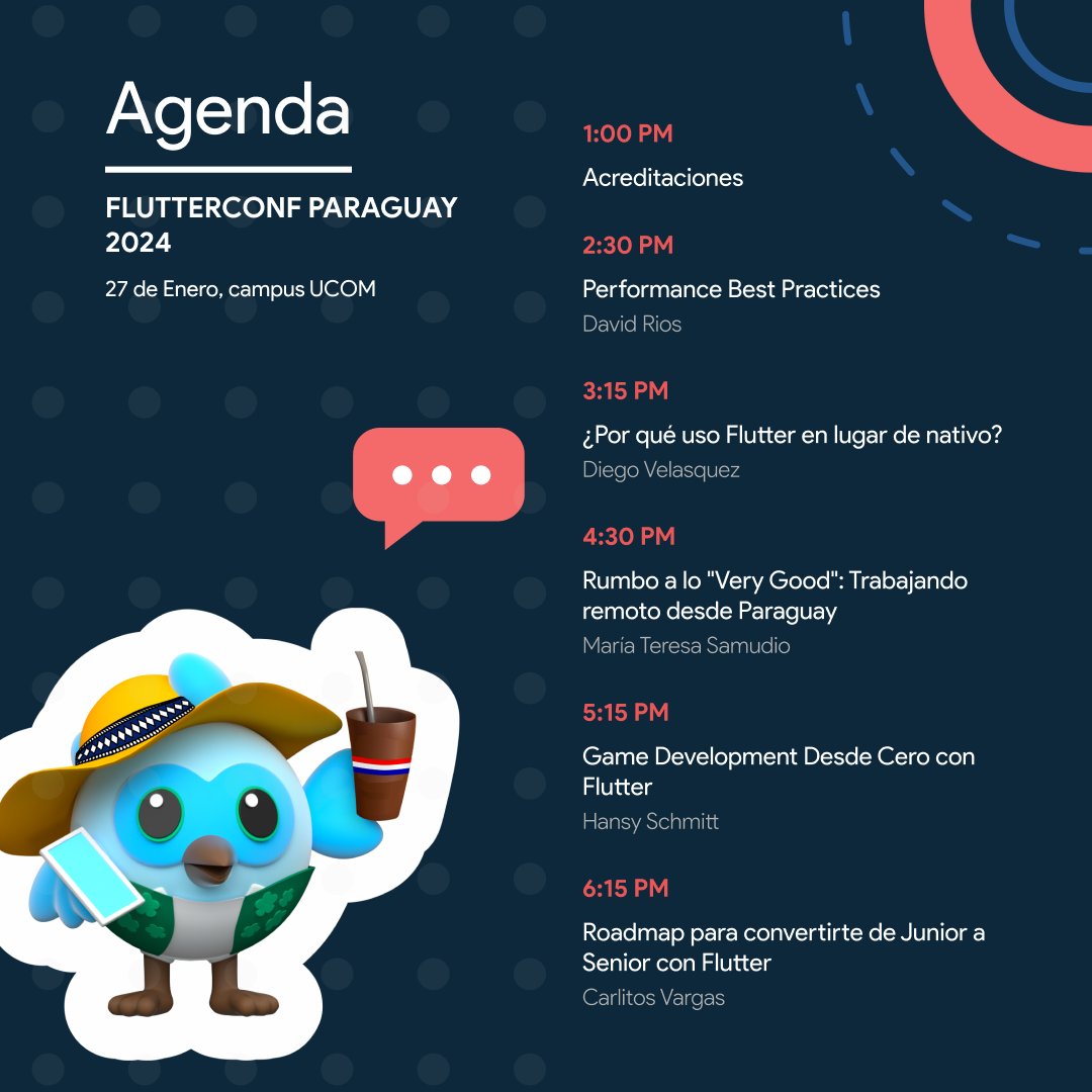 flutter_py's tweet photo. 🚀 ¡Prepárate para un día lleno de inspiración y conocimiento en la FlutterConf Paraguay 2024!
Consulta la agenda detallada para descubrir las sesiones imperdibles que te esperan.
⏰ ¡No te pierdas ni un segundo!
#AgendaFlutterConfPY #FlutterConfPY
@EsFlutter @FlutterDev https://t.co/b2SUIFUspz