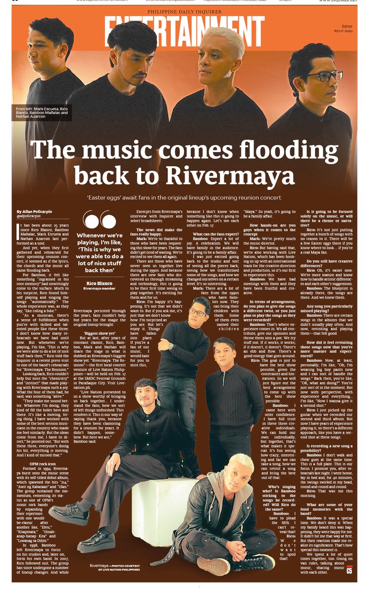 InqEnt's tweet photo. The music comes flooding back to Rivermaya
Read the story:
https://t.co/ak52lfNsRy
@InqEnt #Rivermaya #RicoBlanco #BambooMañalac #MarkEscueta #NathanAzarcon #RivermayaTheReunion @LiveNationPH @LiveNation #concert #reunion #entertainment https://t.co/fsCfENY8Dr