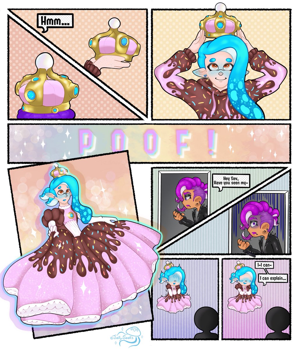 JellySeeks's tweet photo. The new headgear reminded me of the Super Crown from Mario so I drew a lil comic pfft :) Hope everyone’s enjoying Splatfest! 🩵 
#Splatoon #Splatoon3 #SplatoonArt https://t.co/YohSAlbQU7