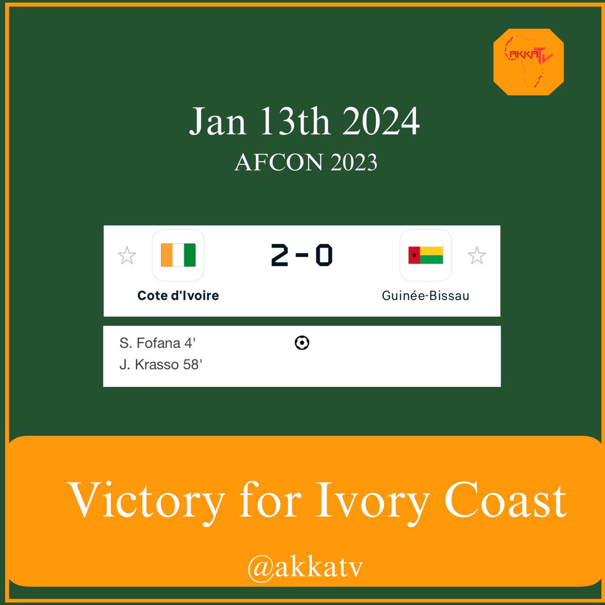 Akkatv's tweet photo. Ivory Coast 🇨🇮 2 - 0 Guinea-Bissau 🇬🇼 
.
.
#akkatv #afcon #caf #can2023 #afcon2023 #can #africa #cotedivoire #guineebissau https://t.co/UxFaTNA2om