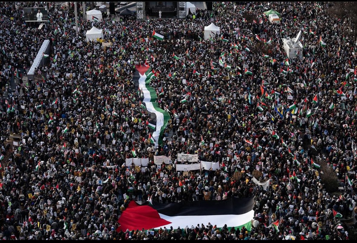 400,000 people in DC today. The largest Palestine protest in the history of the United States. This Despite the cold weather, the flight and metro cancellations, the supposed fatigue after 100 days of protest. The movement for Palestine will not go away until Palestine is free.