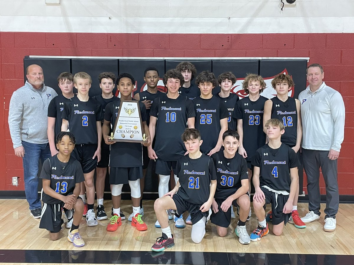 Piedmont_Bball's tweet photo. The future! 7th grade wins the Weatherford tourney! Didn’t allow more than 24 points in a game the entire tournament! Great group coming together! Congrats young guys! @PiedmontAth https://t.co/4iEdbPFW51