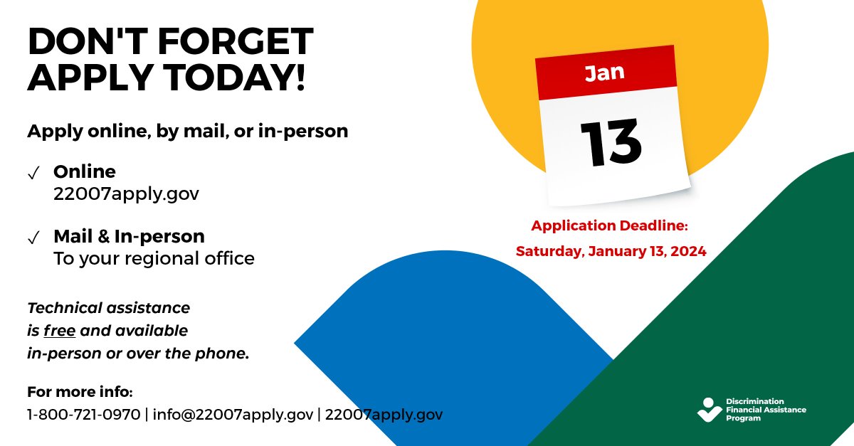 We are in the FINAL HOURS!!! APPLY APPLY APPLY!!!

Apply online, by mail, or in-person.

Free technical assistance is available in-person &amp; over the phone.