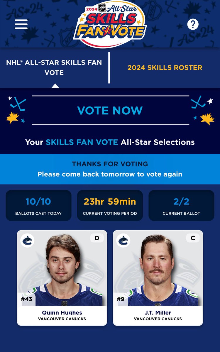 NucksFanMissy's tweet photo. Let’s get the boys into the skills comp for 1 mil!

#Canucks 

#NHLAllStarVote Quinn Hughes

#NHLAllStarVote J.T. Miller https://t.co/Bz5R3Ap4Fn