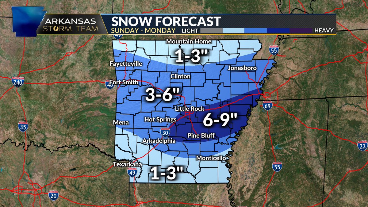 AlexLibbywx's tweet photo. NEW WEATHER BLOG!!!  -> https://t.co/ipgrCRtnlT
Now it looks like parts of central Arkansas could get more than 6" of snow! I talk about timing, temperatures, windchills, and snow texture in the latest Arkansas Storm Team Weather blog! #ARStormTeam https://t.co/GTOSjhhCwY