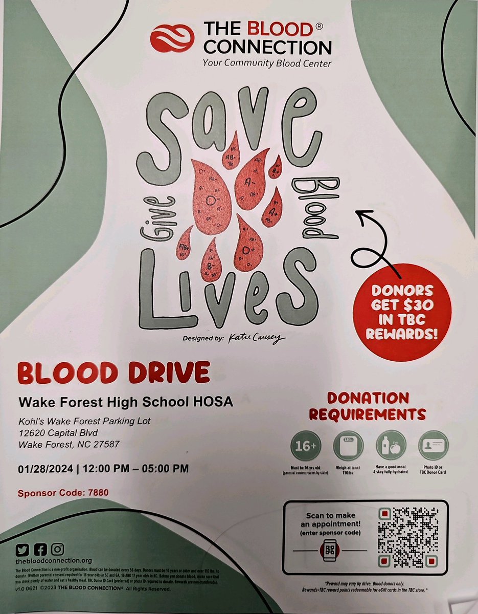 WFHS PTSA (@wfhsptsa) on Twitter photo HOSA Winter Blood Drive SUN. JAN. 28th. They have a goal of 30 donors. Please help them reach their goal!
Students must be at least 16 AND must have parent permission until 18. There will be a form that will need to be signed.
Questions contact:
Mandy Kiger
akiger@wcpss.net HOSA Winter Blood Drive SUN. JAN. 28th. They have a goal of 30 donors. Please help them reach their goal!
Students must be at least 16 AND must have parent permission until 18. There will be a form that will need to be signed.
Questions contact:
Mandy Kiger
akiger@wcpss.net