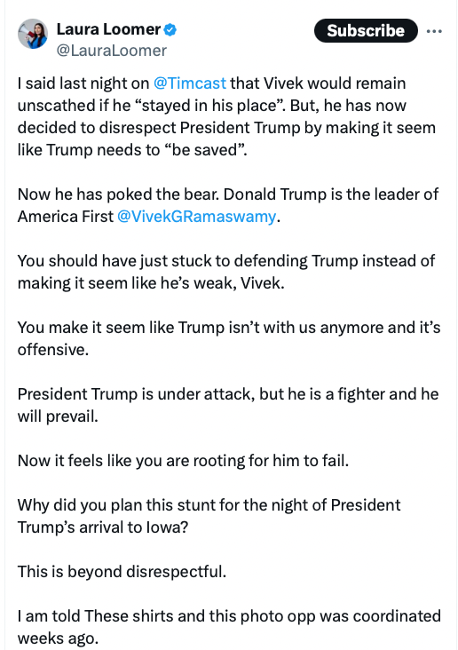 Every single MAGA influencer has spent months telling us all how AMAZING Vivek Ramaswamy is. They retweet him. The post clips of him. They have him on their shows. It's been over the top. But today Trump called Vivek 'deceitful' 'sly' and 'not MAGA' and they are all already…