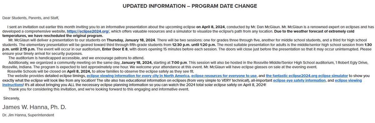 Due to the possible severe cold, our eclipse program for our students will take place on Jan. 18th during the school day.  Our public program will still take place at 7pm on the same day.  We hope you can join us! #TheRossvilleWay <a href="/RossvilleSchool/">Rossville Schools</a> <a href="/rossvilleES/">Rossville Elementary School</a> <a href="/RHSHornetsAthl/">RossvilleAthletics</a>