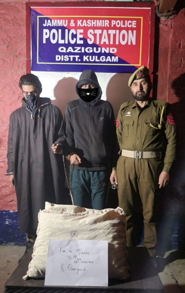 #Kulgam police arrests 02 drug peddlers; #Mudasir Ah Ahangar R/O Doru & #Mohd Iqbal Chopan R/O Shangus & recovered 4.2 kgs of #Poppy Straw like contraband. Case FIR No. 07/2024 U/S 8/15, 29 of NDPS Act registered at PS #Qazigund & investigation taken up. @KashmirPolice @DigSkr