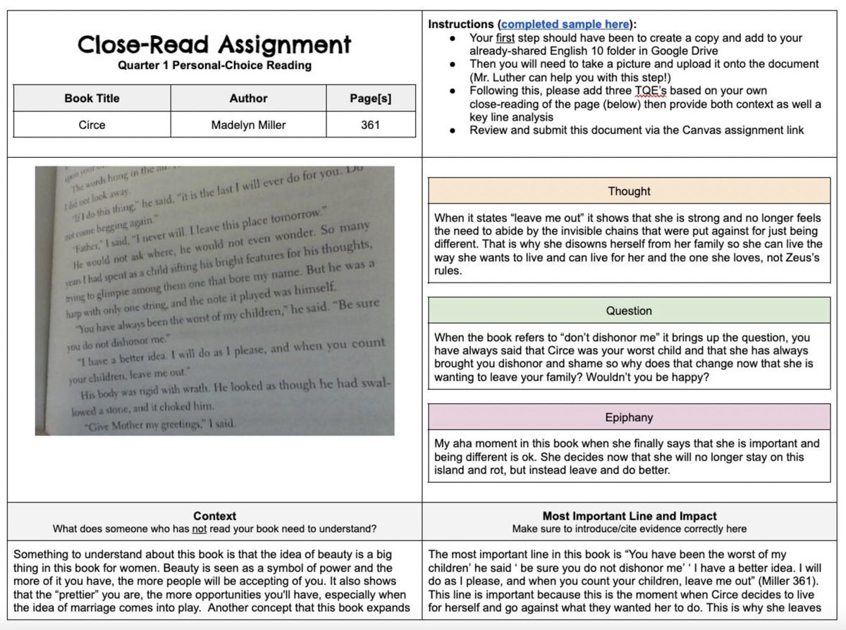 For those who do independent reading or book clubs in your classes, something I've enjoyed this year: having students take a picture of a key page from time to time for a 'digital close-read' with this template: docs.google.com/document/d/1Wb…