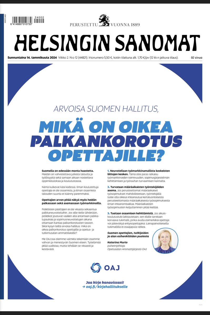 Arvoisa Suomen hallitus
 ⁦⁦<a href="/PetteriOrpo/">Petteri Orpo</a>⁩ ⁦<a href="/ir_rkp/">Riikka Purra</a>⁩ ⁦<a href="/anna_maja/">Anna-Maja Henriksson</a>⁩ ⁦<a href="/SariEssayah/">Sari Essayah</a>⁩ 

Avoin kirjeeni teille HS:ssa opettajien, tutkijoiden ja alan esihenkilöiden puolesta. 

TOP3 kysymykset ja ratkaisut.

⁦<a href="/oajry/">OAJ</a>⁩