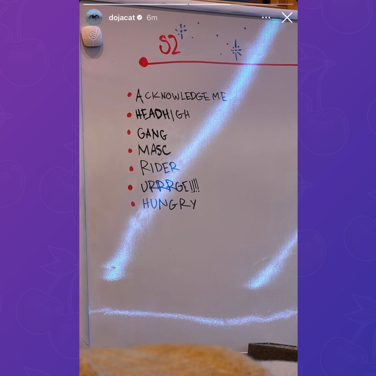 Doja Cat seems to be teasing a ‘Scarlet 2’ tracklist:

“S2”