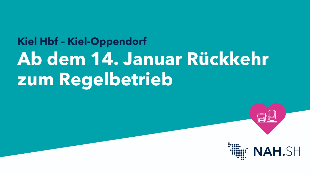 Ab dem 14. Januar kehrt erixx zum Regelbetrieb auf der Linie RB 76 (Kiel Hbf – Kiel-Oppendorf) zurück. 🚆 🔎 erixx.de/fahrplan/live-… 📱 Bitte informiert euch vor Fahrtantritt in der NAH.SH-App oder unter nah.sh/routenplaner