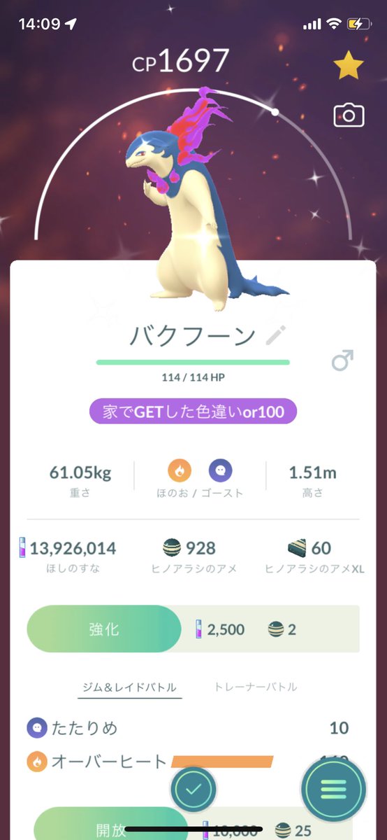 AlolanVulpix03's tweet photo. 「ヒスイバクフーン」のレイドデイ始まりましたね。
1匹目で色違い来てくれたので、満足かな。
色の違いがわからなかった🤣

 #ポケモンGO  #PokemonGO https://t.co/9JsKxffPkO
