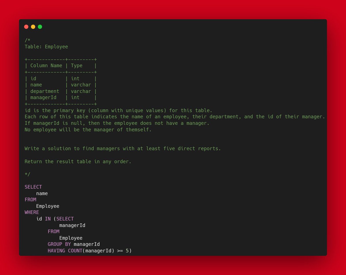 Solved another @LeetCode Medium SQL Question

Question Link - lnkd.in/gr8TNjr7

#EmployeeManagement #SQLQuery #Database #ManagerId #EmployeeRelations #DataQuery #SQLDatabase #DatabaseQuery #SQLSkills #EmployeeSelection