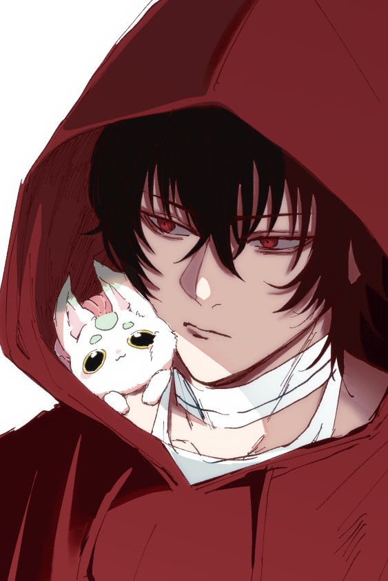 male focus 1boy hood red eyes black hair hood up bandaged neck  illustration images