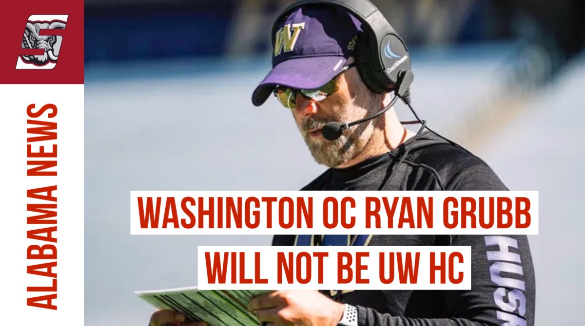 BREAKING:

Washington OC Ryan Grubb announces he will NOT be taking over as the head coach at Washington and will be leaving the program.

There has been much anticipation nationally that he will follow his HC Kalen DeBoer to the University of Alabama. This further supports.