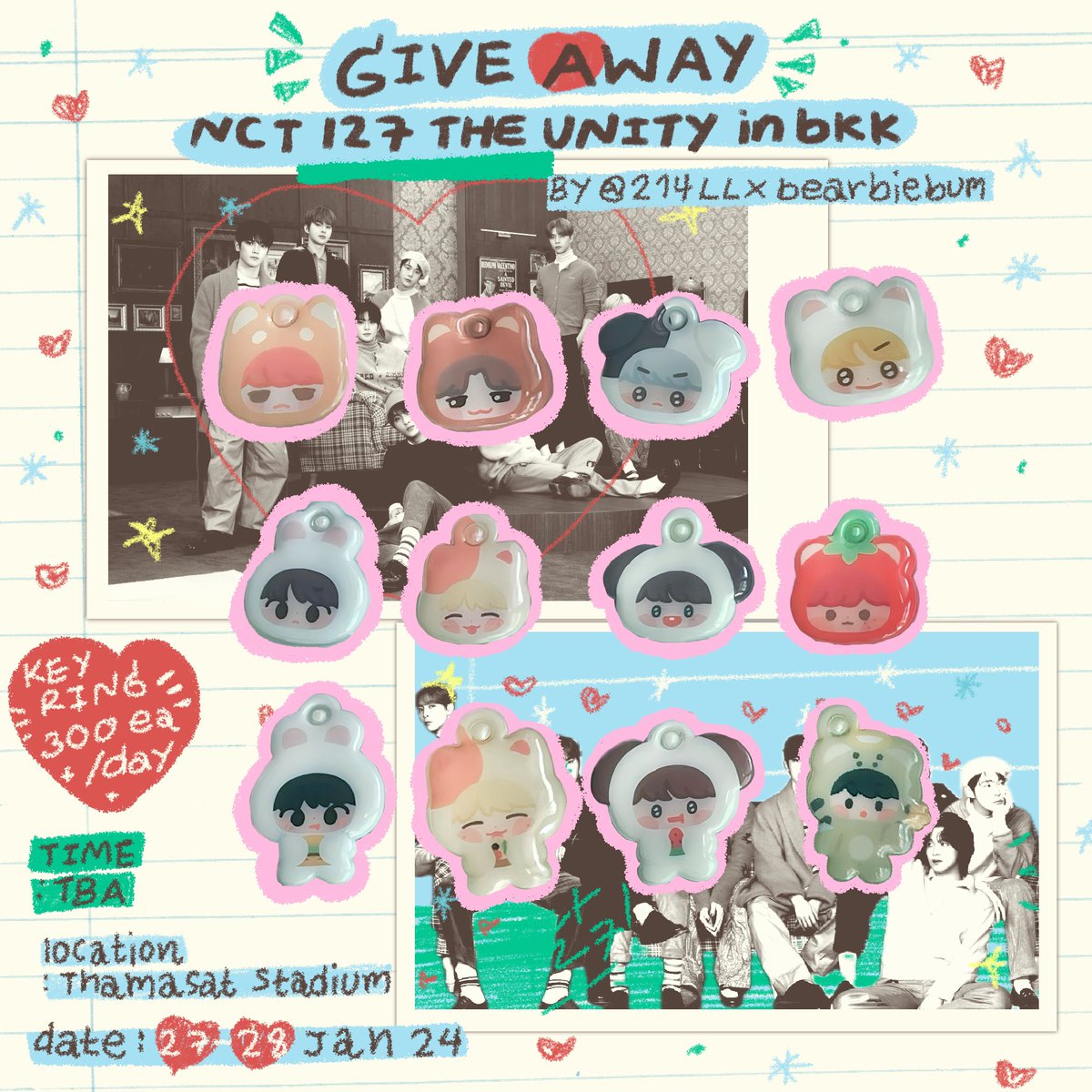 bearbiebum's tweet photo. 🌟 g i v e a w a y 🌟

우리칠 keyring by @214LL_ ♡
🍀 300+ea per day 
🍀 random member
🍀 1ea/person

☆ date : 27-28 jan 24 | time : tba
☆ location : thammasat stadium

🤲🏻 pls show this tweet or danim tweet
< ดานิมไม่ได้มาคอนนะคะ🙇🏻‍♀️ >

#NCT127_NEOCITY_THE_UNITYinBKK https://t.co/gT6z9wGiX2