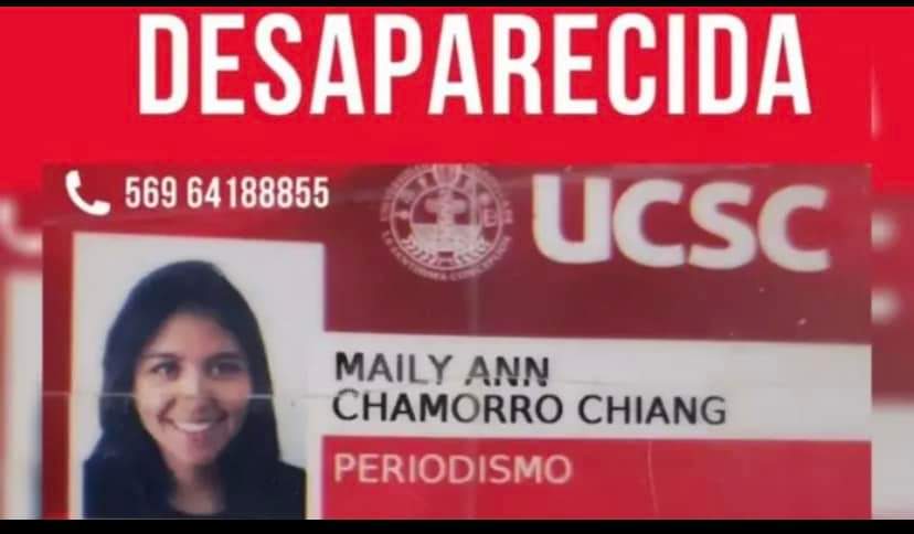Huellas_Mujer's tweet photo. Alerta!! 🚨
Egresado de periodismo Universidad Católica sede #Concepción 
Maily Ann Chamorro Chiang (30)
Esta Desaparecida desde el 18 de diciembre. Abordó un bus desde #Curicó a #Santiago.
Fue vista en el sector Los Queñes, comuna de #Romeral #Maule https://t.co/f3PotMHrfK