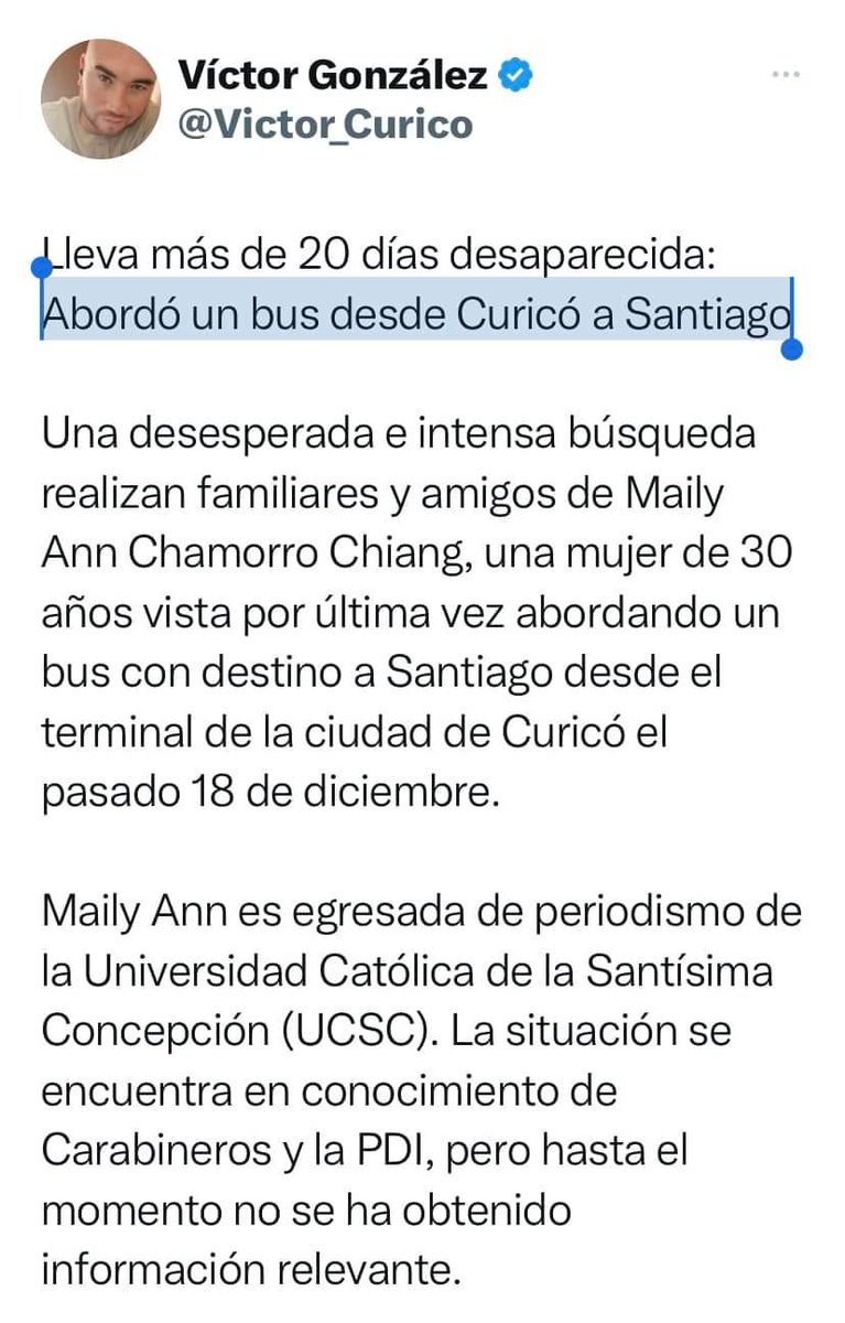 Huellas_Mujer's tweet photo. Alerta!! 🚨
Egresado de periodismo Universidad Católica sede #Concepción 
Maily Ann Chamorro Chiang (30)
Esta Desaparecida desde el 18 de diciembre. Abordó un bus desde #Curicó a #Santiago.
Fue vista en el sector Los Queñes, comuna de #Romeral #Maule https://t.co/f3PotMHrfK