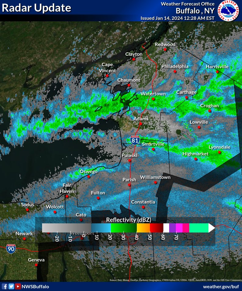 A narrow, heavy plume of lake effect snow across the City of Watertown and eastwards towards Fort Drum will drift farther northward into northern Jefferson and northern Lewis counties this early morning. Poor visibility in the snowband, with snowfall rates of 1 to 2 inches/hour.