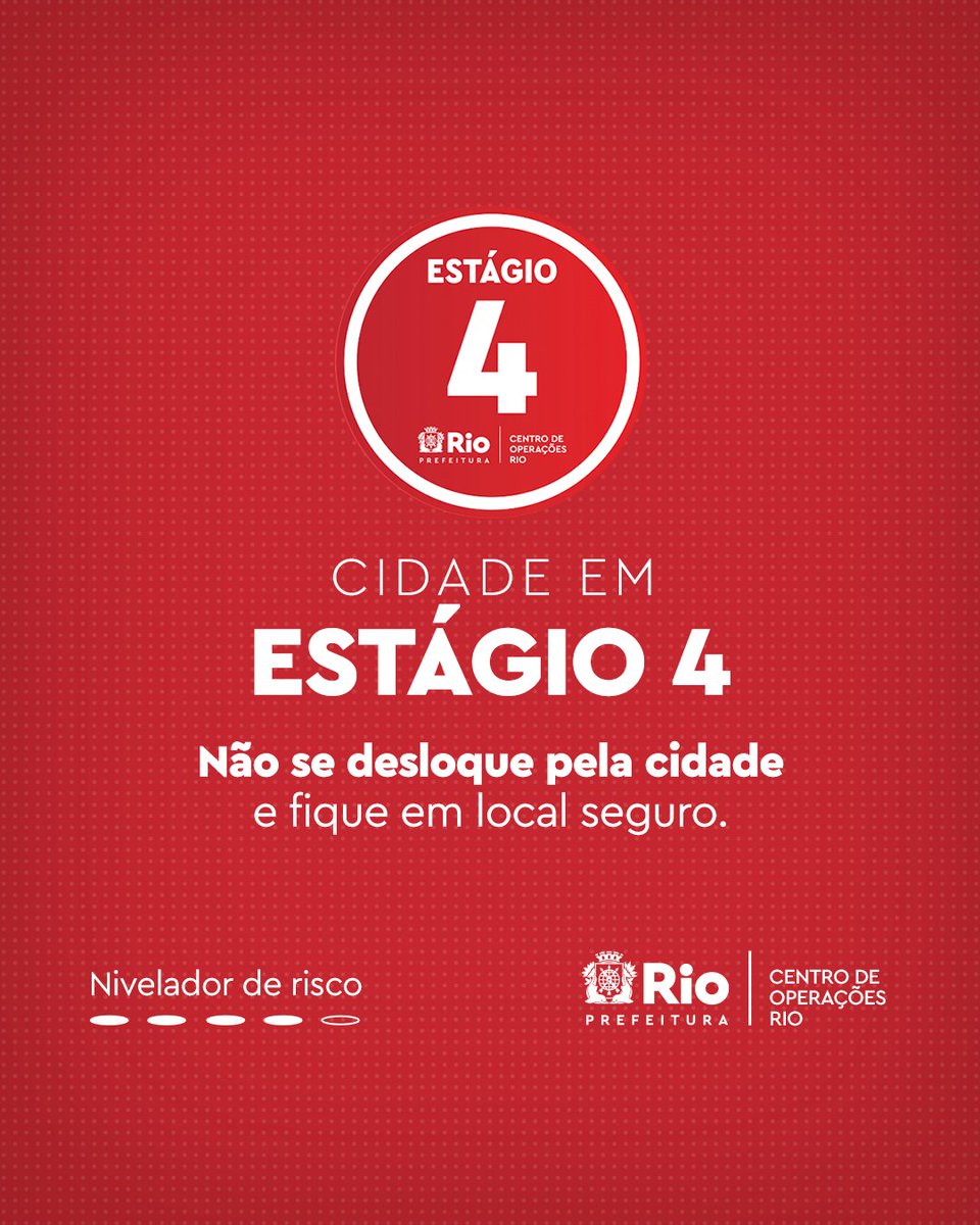 MUNICÍPIO DO RIO ENTROU NO ESTÁGIO 4 ÀS 02h45 DESTE DOMINGO (14/01/24)

O Centro de Operações da Prefeitura do Rio informa que o município do Rio de Janeiro entrou no ESTÁGIO 4 às 02h45 deste domingo, dia 14 de Janeiro de 2024, devido aos elevados acumulados pluviométricos em 24