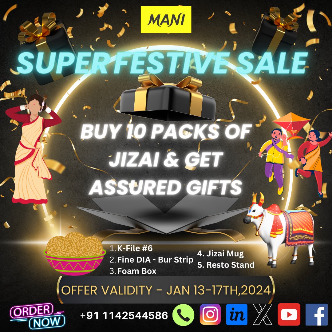 ManiMedicalInd's tweet photo. Get ready for the #festive #offer.🎇

#lohri #Pongal #PoushParbon #Bihu #MakarSankranti #PeddaPanduga #Uttarayan #SuggiHabba

#Buy 10 Packs of #JIZAI &amp; get assured #gifts.🎁

Note : 
Offer Validity : Jan 13-17th,2024 
Offer is valid across India only.

#dental #dentist #dentistry https://t.co/9vBapsZHoH