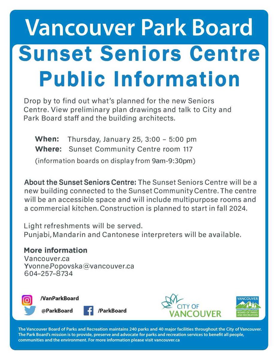 Drop by to find out what's planned for the new Sunset Seniors Centre. View preliminary plan drawings and talk to City and Park Board staff and the building architects: