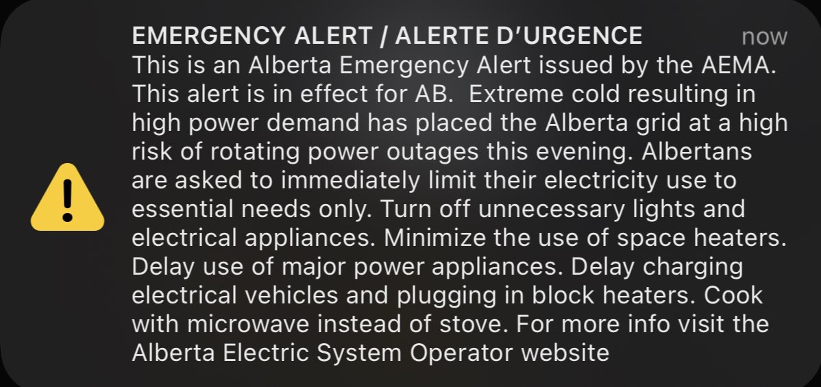 yegwave's tweet photo. Albertans are being asked to limit their electricity to “essential needs only” after high electricity usage (as a result of cold weather), has added a risk of rotating power outages. https://t.co/bCFdloL9oX