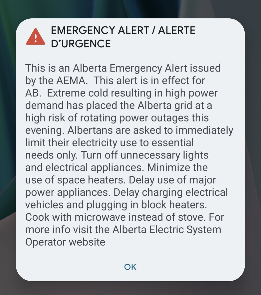 cmcalgary's tweet photo. An emergency alert was just issued for Alberta. 

Please limit your electricity use if you can! 

#Alberta https://t.co/VnWcwLkD5d
