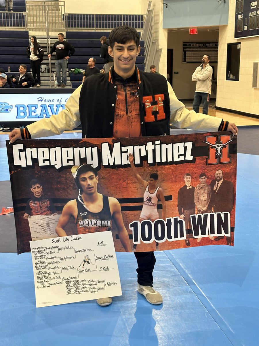 HHSWrestling363's tweet photo. Huge CONGRATULATIONS to our Senior wrestler Gregory Martinez who got his 100th win today with a pin at the 39th Annual Scott City Tournament!!               🟠⚪️⚫️#Pin4theWin #Goals #HornsUp #100Wins https://t.co/9ikpB8takc