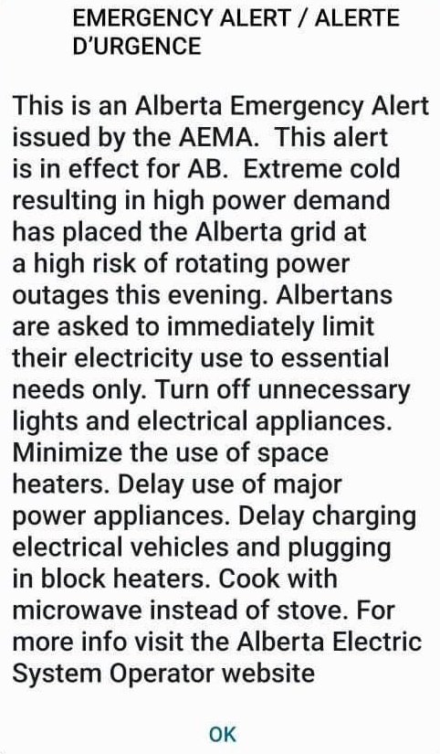 BREAKING: Rolling blackouts for Alberta tonught. The province is now feeling the full effect of Rachel Notley prematurely shutting down our coal plants. Wind and Solar at ZERO, while Natural Gas is barely keeping the lights on, literally.
