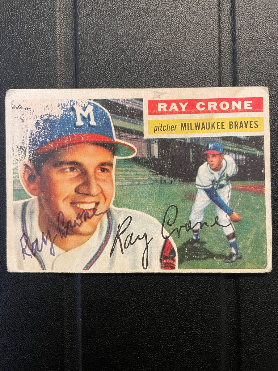 HarvW's tweet image. Ray Crone signed my 1956 Topps. I love how worn out this card is. Gives it character. #ttm #ttmautographs #thehobby