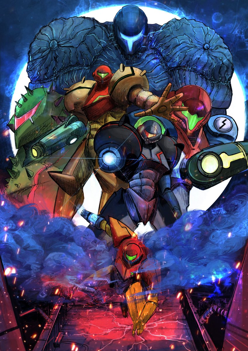 akitBFPF144's tweet photo. My first painting of 2024. Some of my favorite suits from Metroid. https://t.co/aWVybGgqJ0